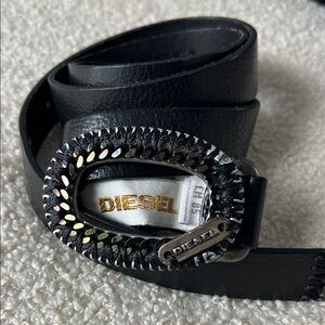 Diesel Black Leather Belt with Iridescent Studded Oval Buckle